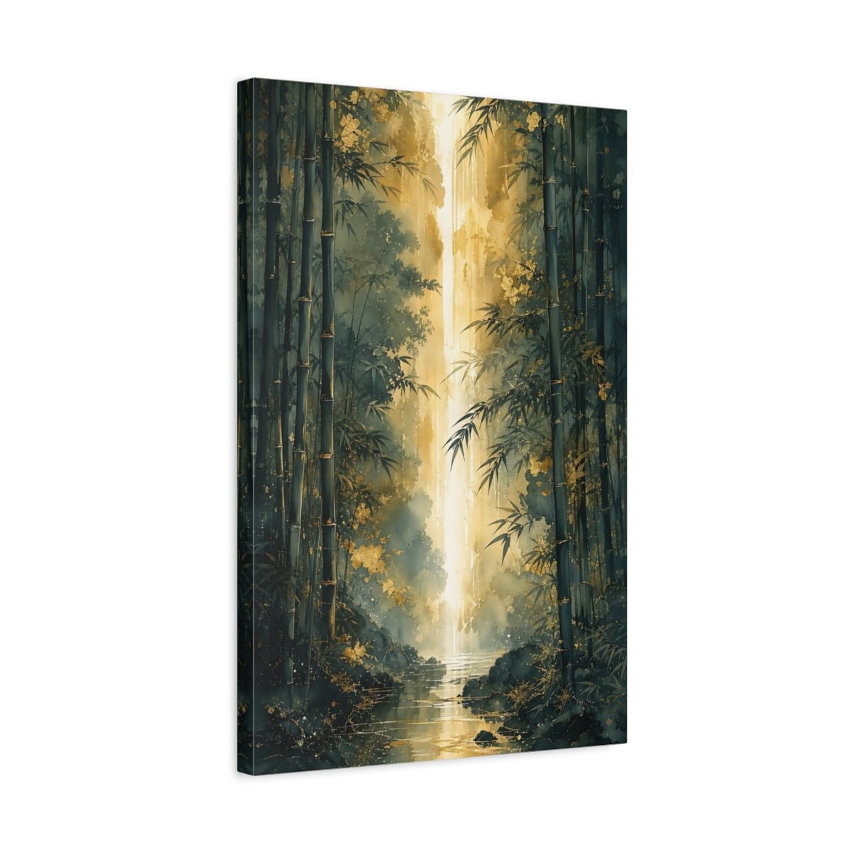 Nature Bamboo Forest Green And Gold Canvas Print – Watercolor Living Room, Above Sofa - YesArtYes