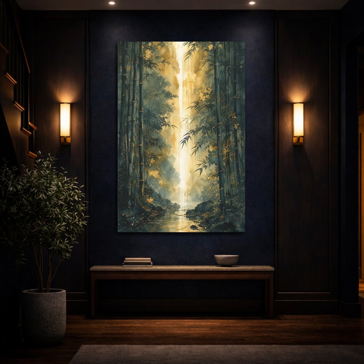 Nature Bamboo Forest Green And Gold Canvas Print – Watercolor Living Room, Above Sofa - YesArtYes