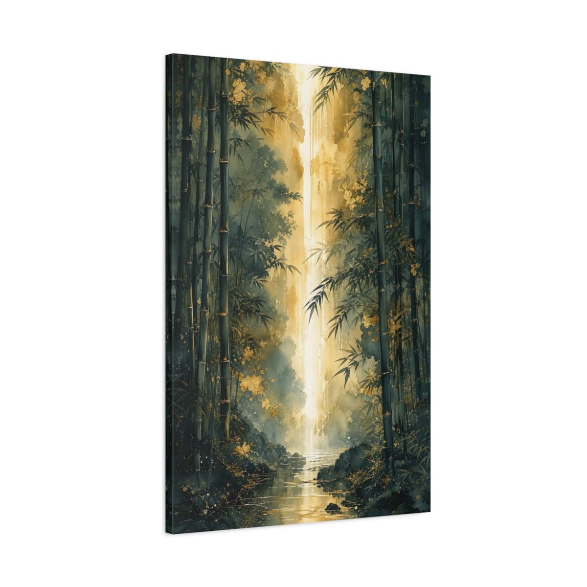 Nature Bamboo Forest Green And Gold Canvas Print – Watercolor Living Room, Above Sofa - YesArtYes