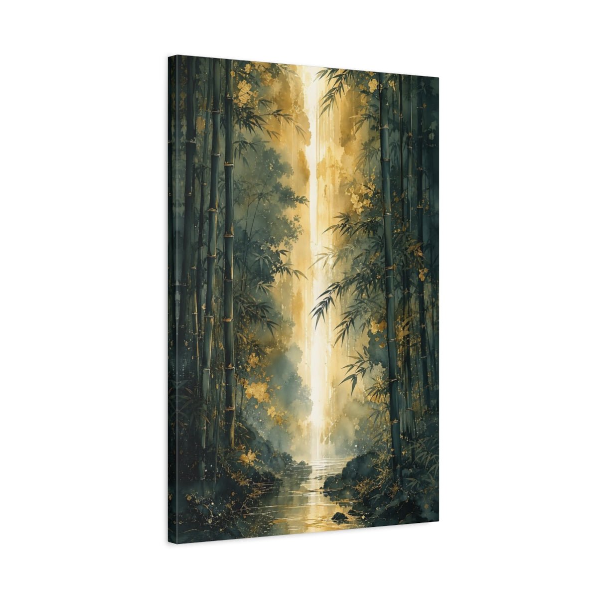 Nature Bamboo Forest Green And Gold Canvas Print – Watercolor Living Room, Above Sofa - YesArtYes