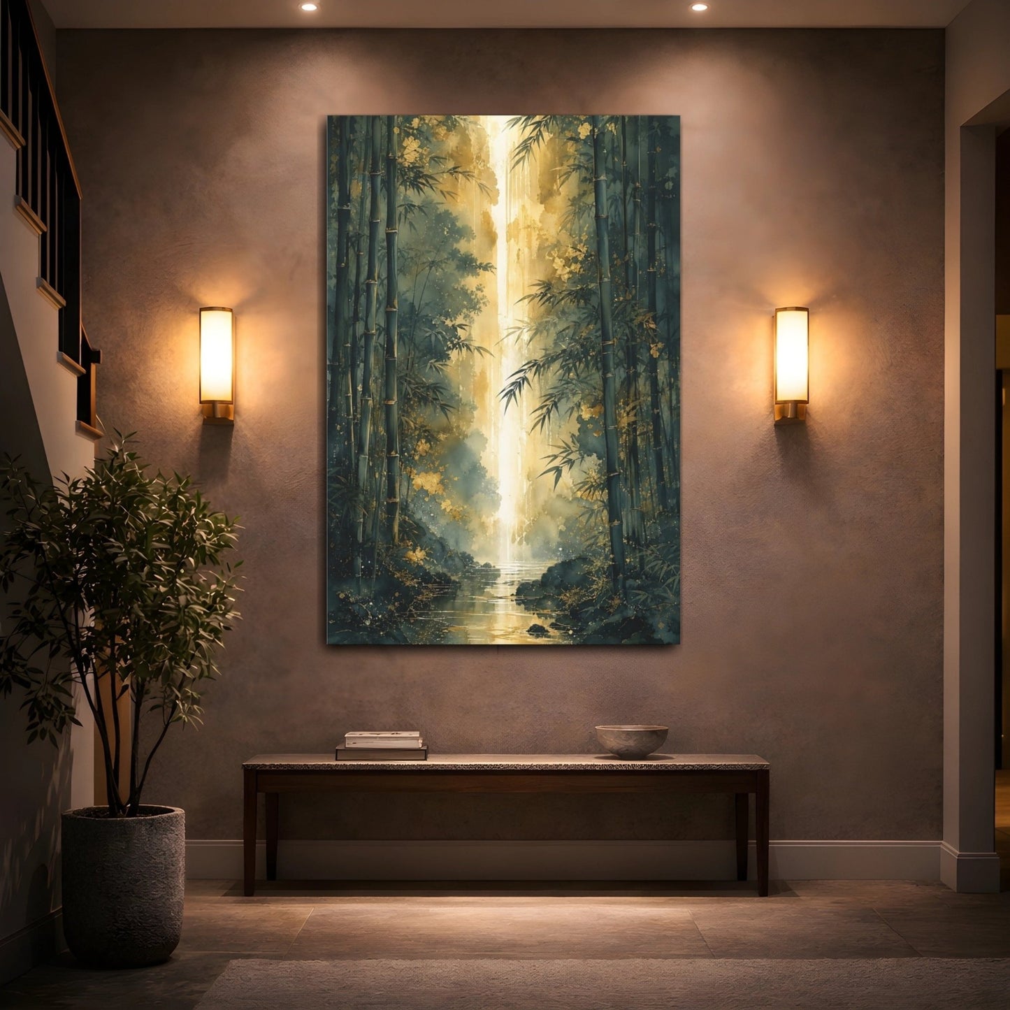 Nature Bamboo Forest Green And Gold Canvas Print – Watercolor Living Room, Above Sofa - YesArtYes