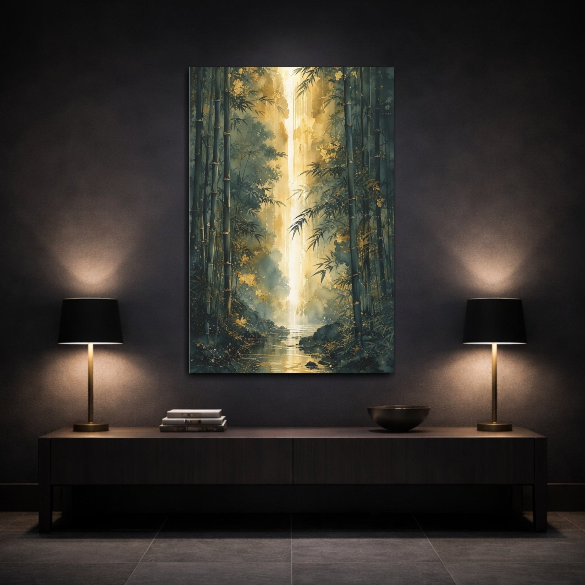 Nature Bamboo Forest Green And Gold Canvas Print – Watercolor Living Room, Above Sofa - YesArtYes