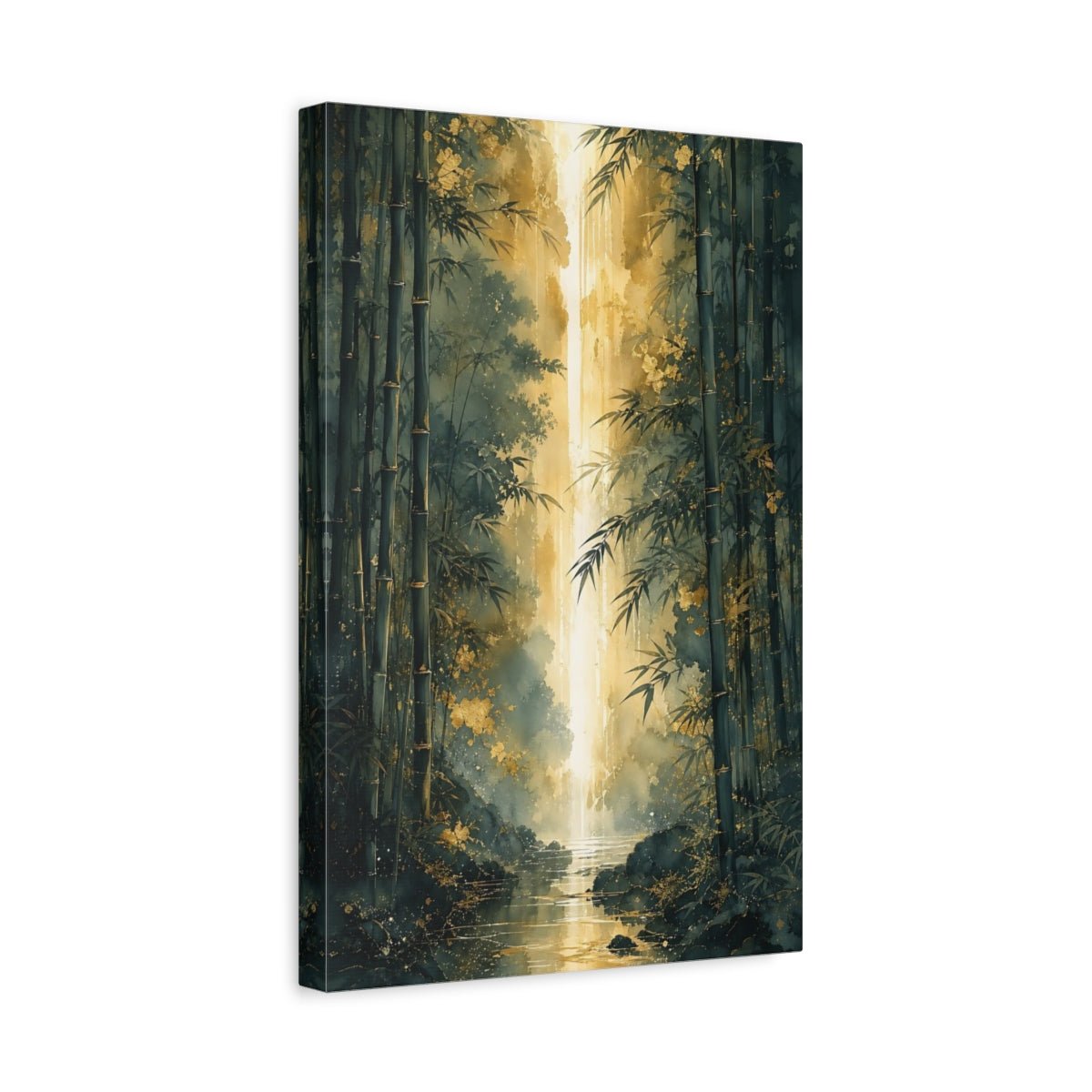 Nature Bamboo Forest Green And Gold Canvas Print – Watercolor Living Room, Above Sofa - YesArtYes