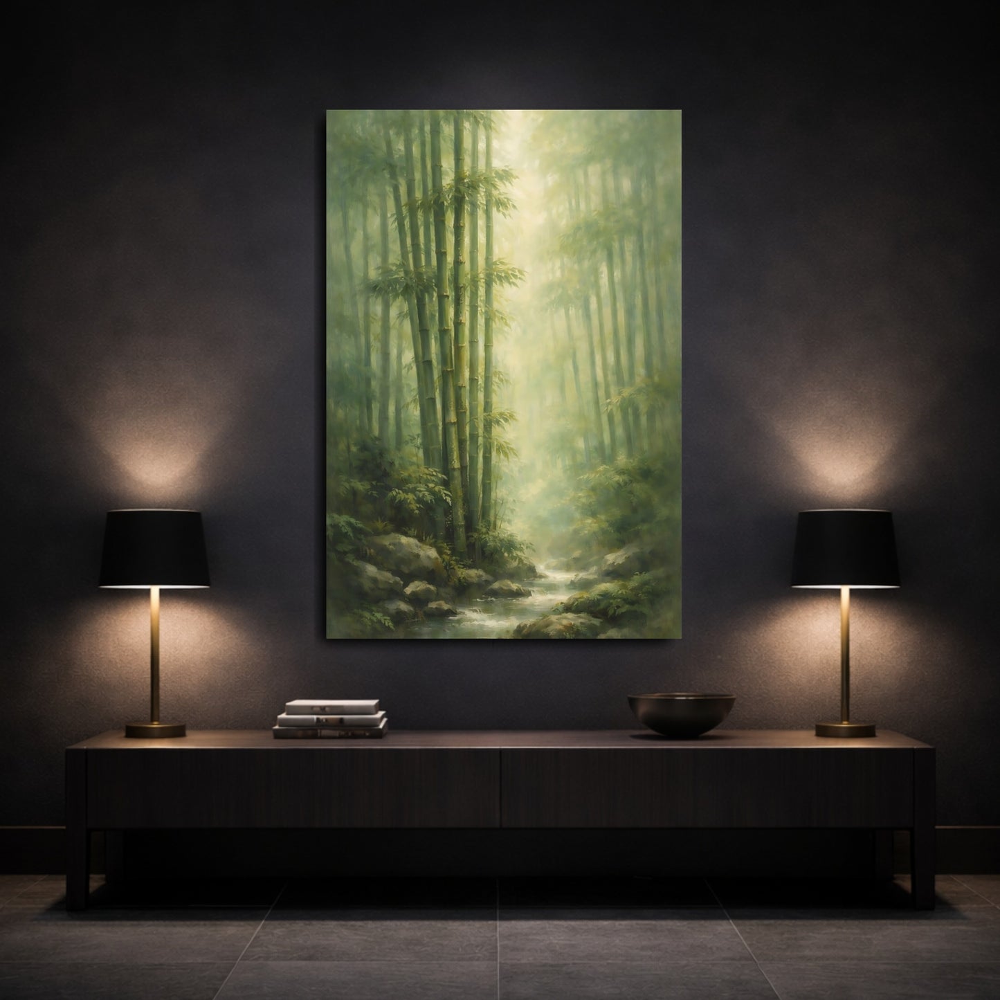 Mockup 2. Nature Bamboo Forest Green Bamboo Forest shown as stretched canvas wall art