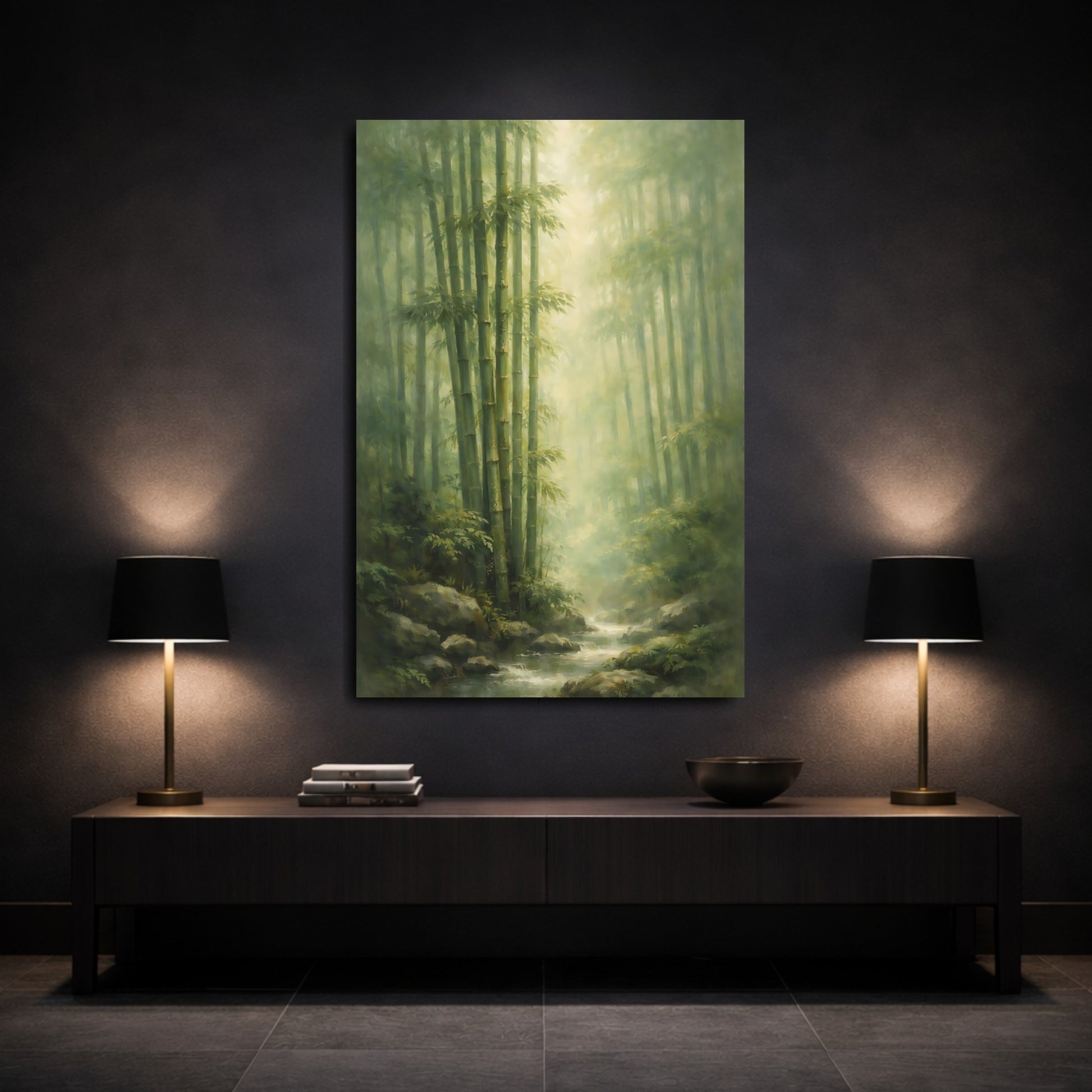 Mockup 2. Nature Bamboo Forest Green Bamboo Forest shown as stretched canvas wall art