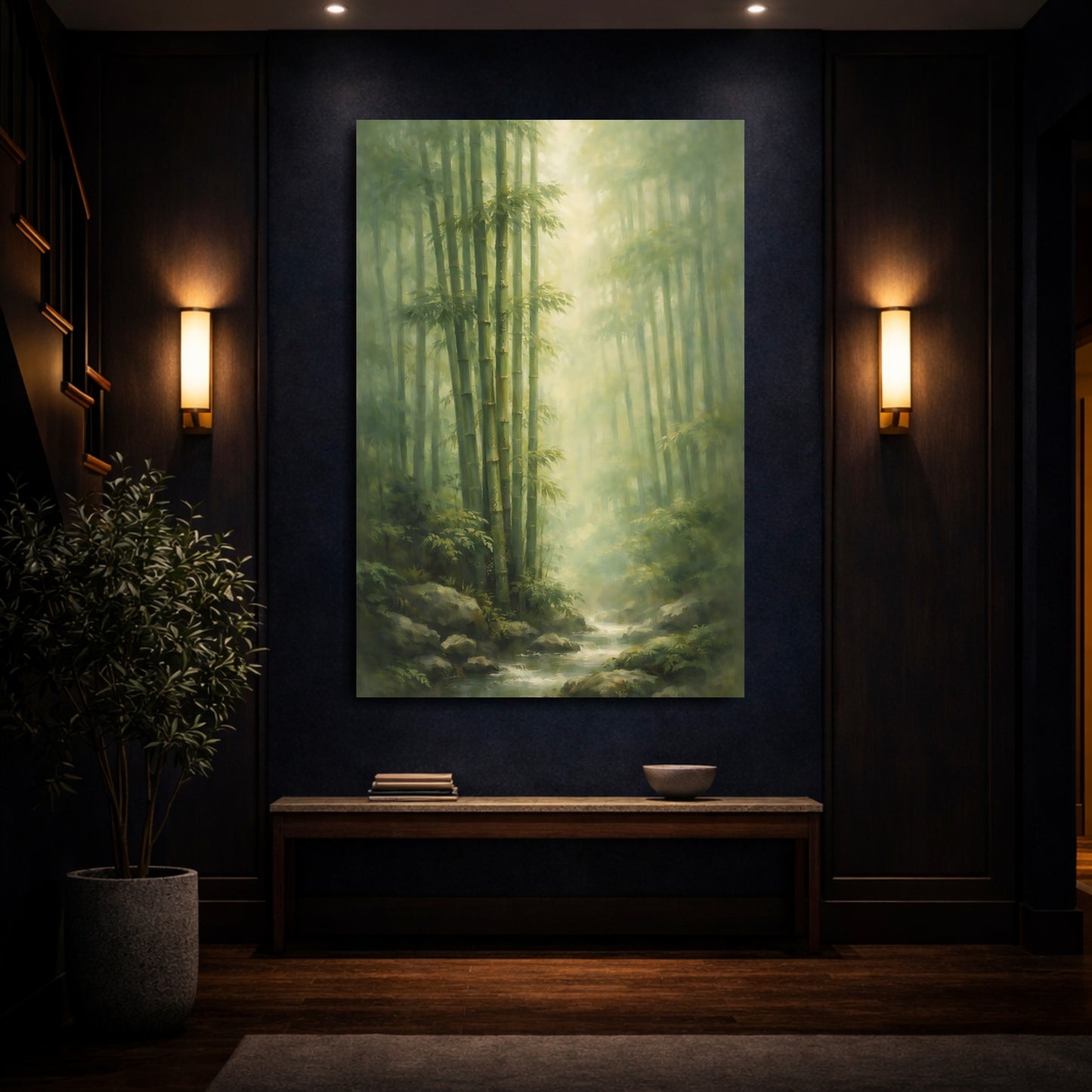 Mockup 3. Nature Bamboo Forest Green Bamboo Forest shown as stretched canvas wall art