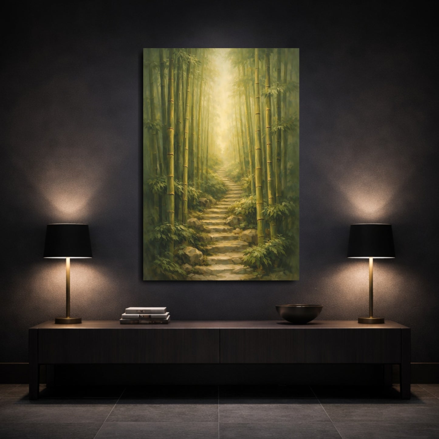 Mockup 2. Nature Bamboo Forest Green Bamboo Path shown as stretched canvas wall art