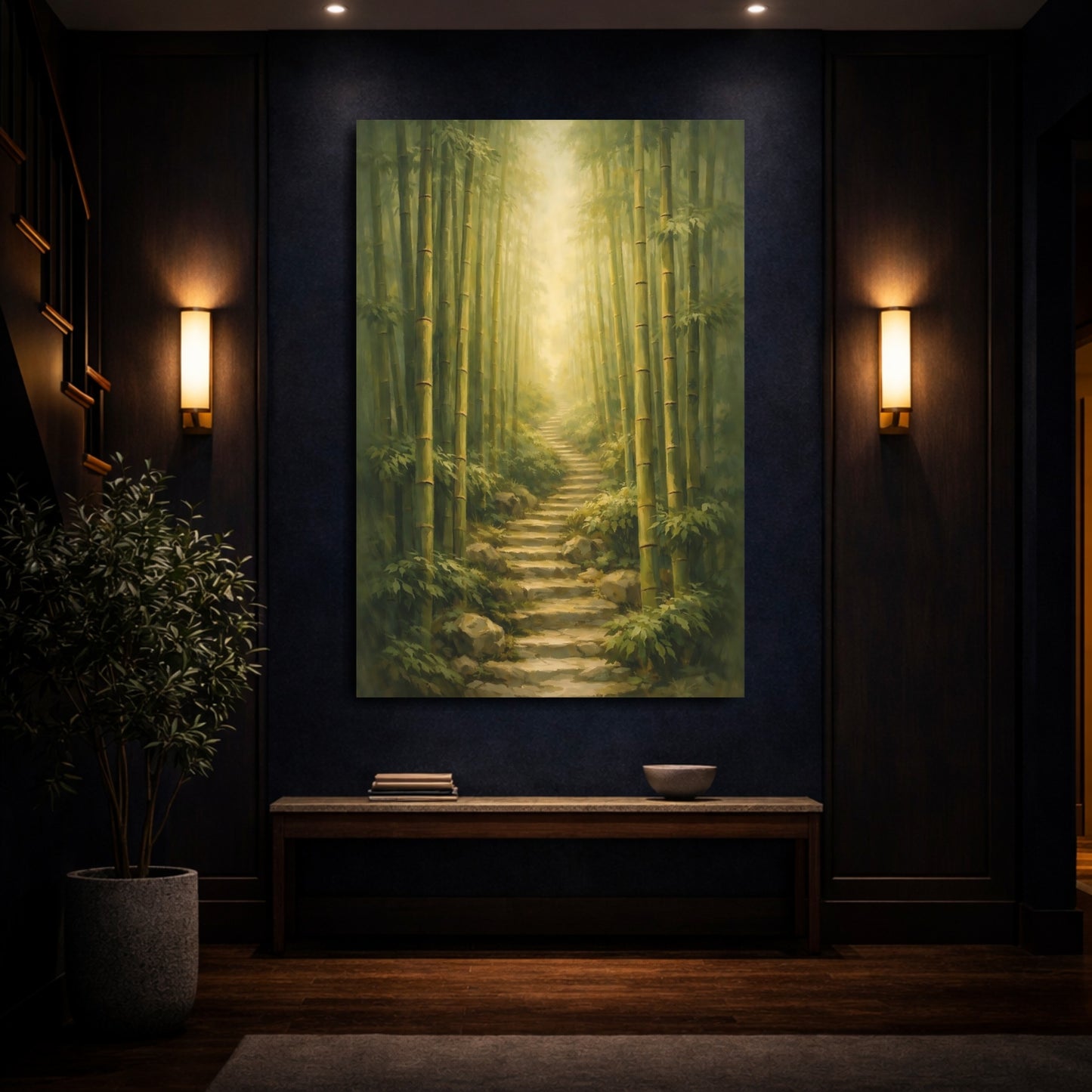 Mockup 3. Nature Bamboo Forest Green Bamboo Path shown as stretched canvas wall art