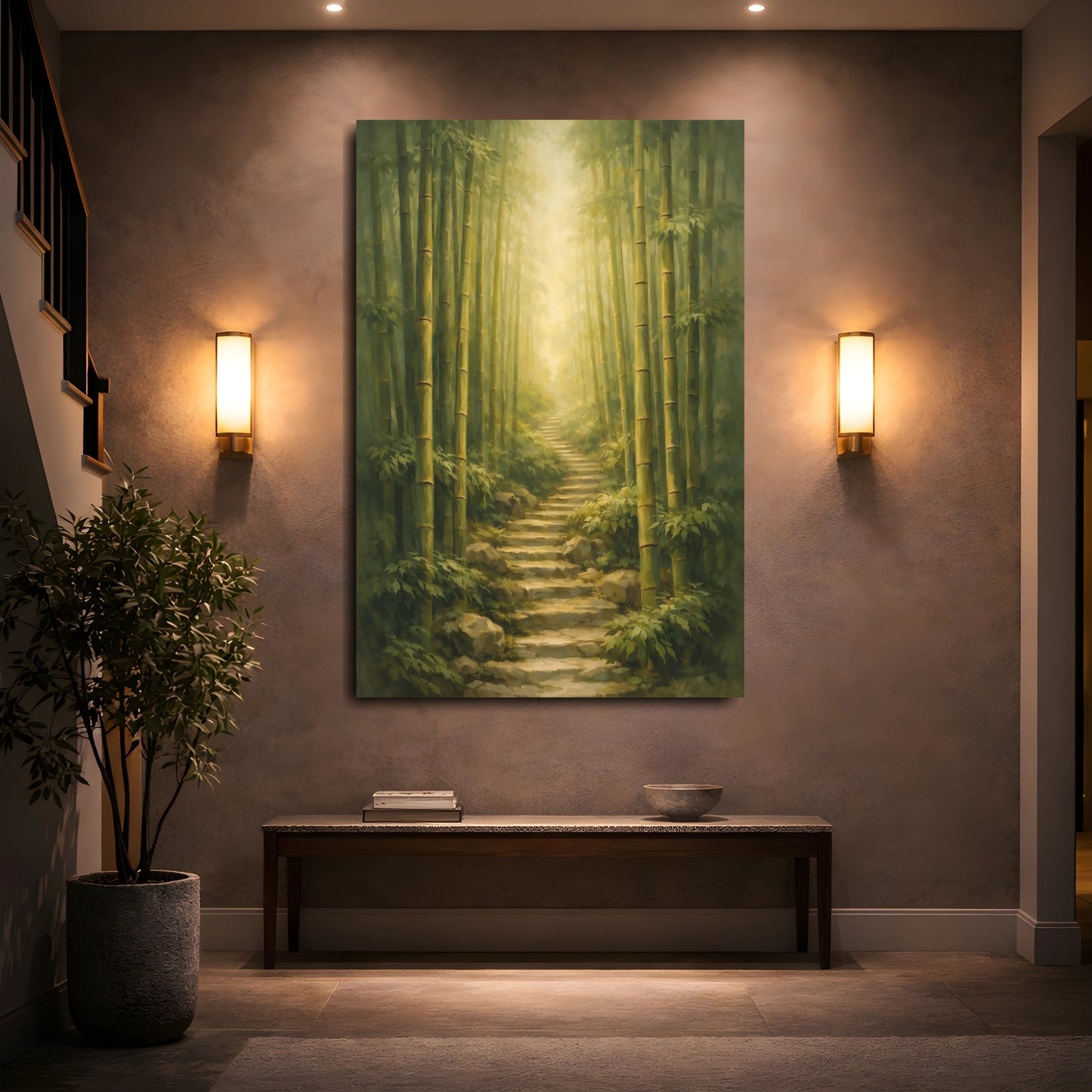 Mockup 4. Nature Bamboo Forest Green Bamboo Path shown as stretched canvas wall art