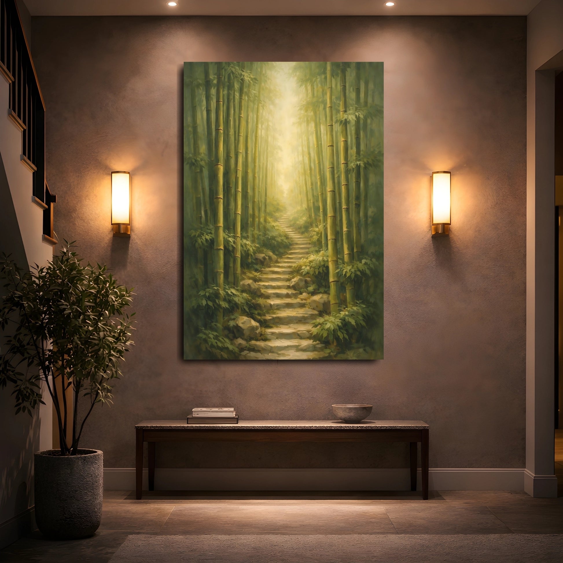 Mockup 4. Nature Bamboo Forest Green Bamboo Path shown as stretched canvas wall art