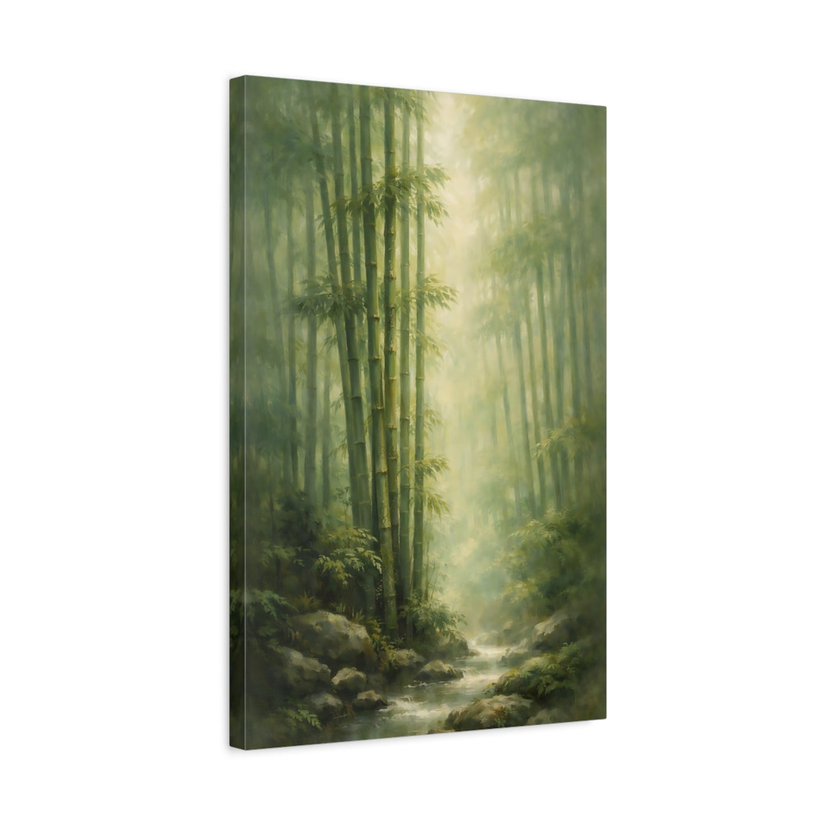 Side Mockup 3. Nature Bamboo Forest Green Bamboo Forest shown as stretched canvas wall art