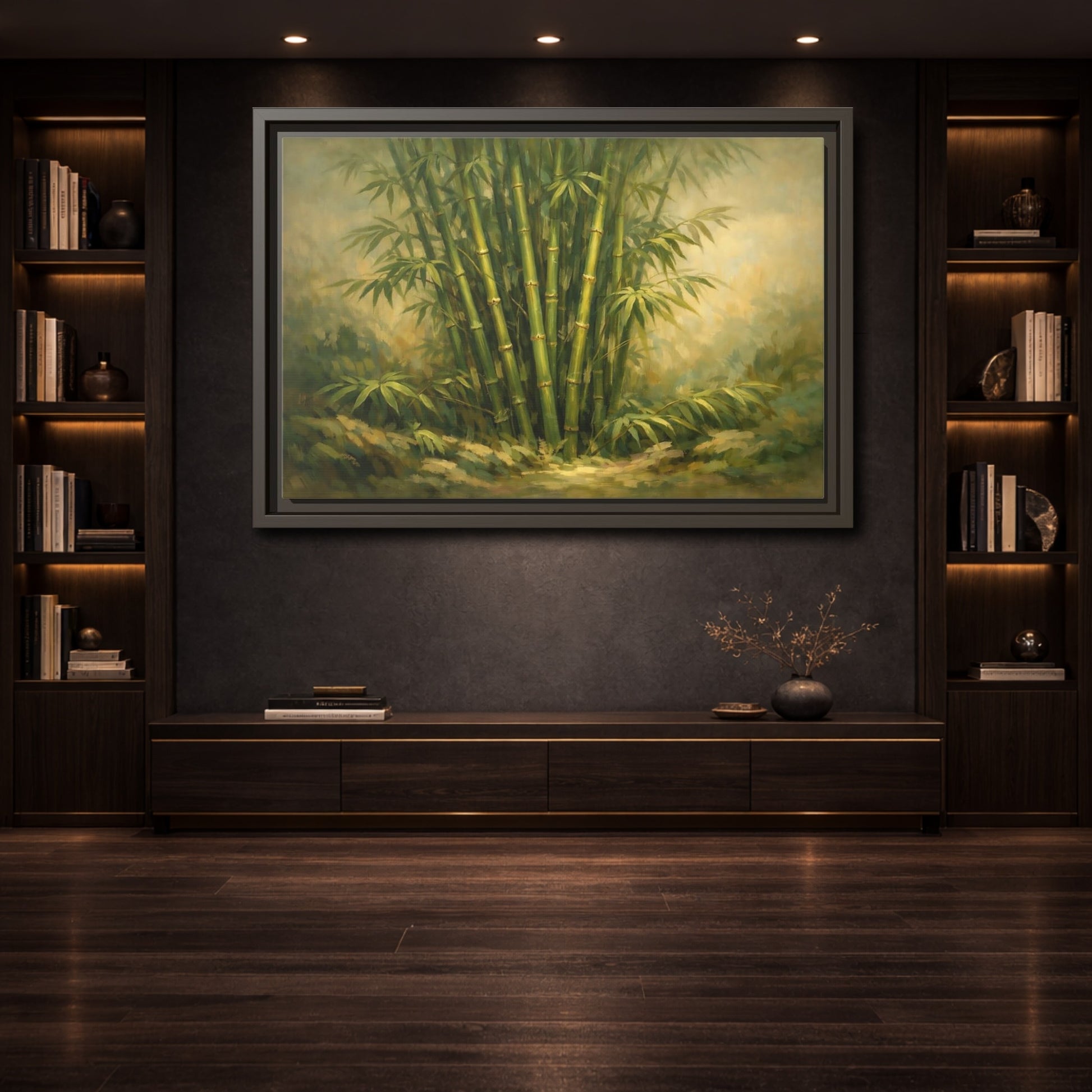 Mockup 3. Nature Bamboo Grove Green Bamboo Art shown as stretched canvas wall art