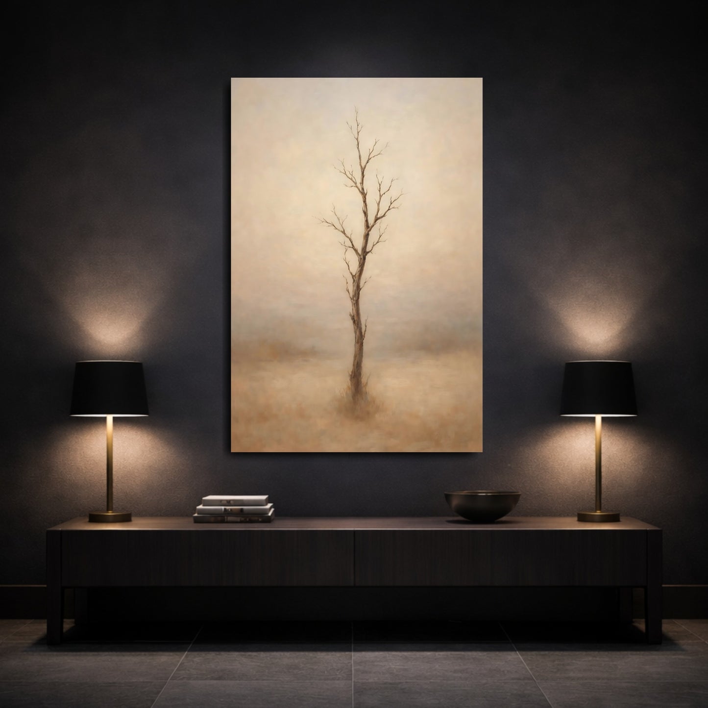 Mockup 2. Nature Bare Tree Minimalist Bare Tree shown as stretched canvas wall art