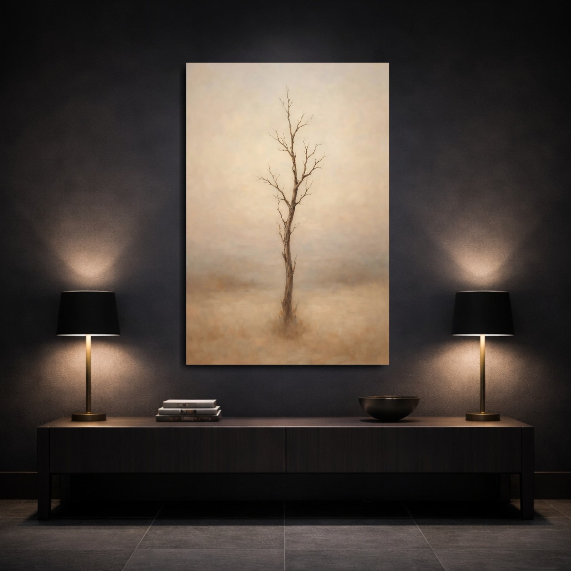 Mockup 2. Nature Bare Tree Minimalist Bare Tree shown as stretched canvas wall art