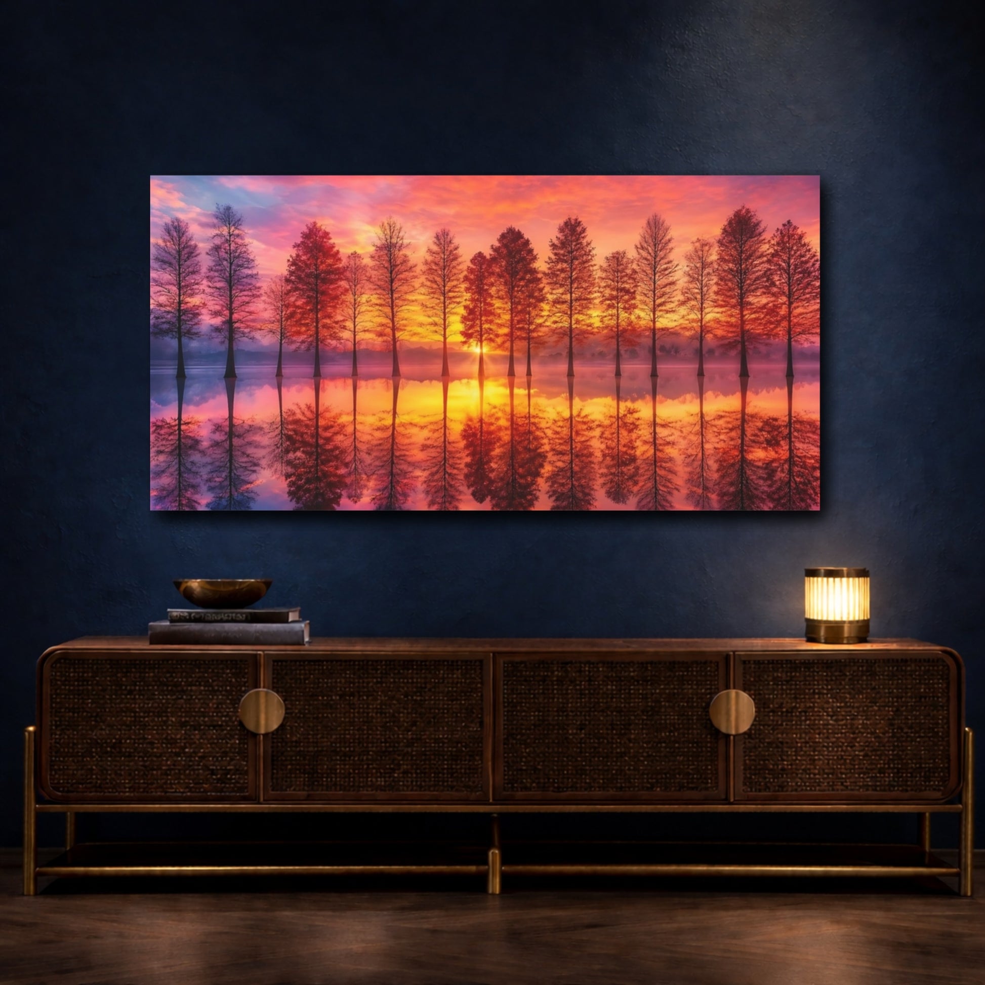 Mockup 3. Nature Bare Trees Orange And Pink shown as stretched canvas wall art