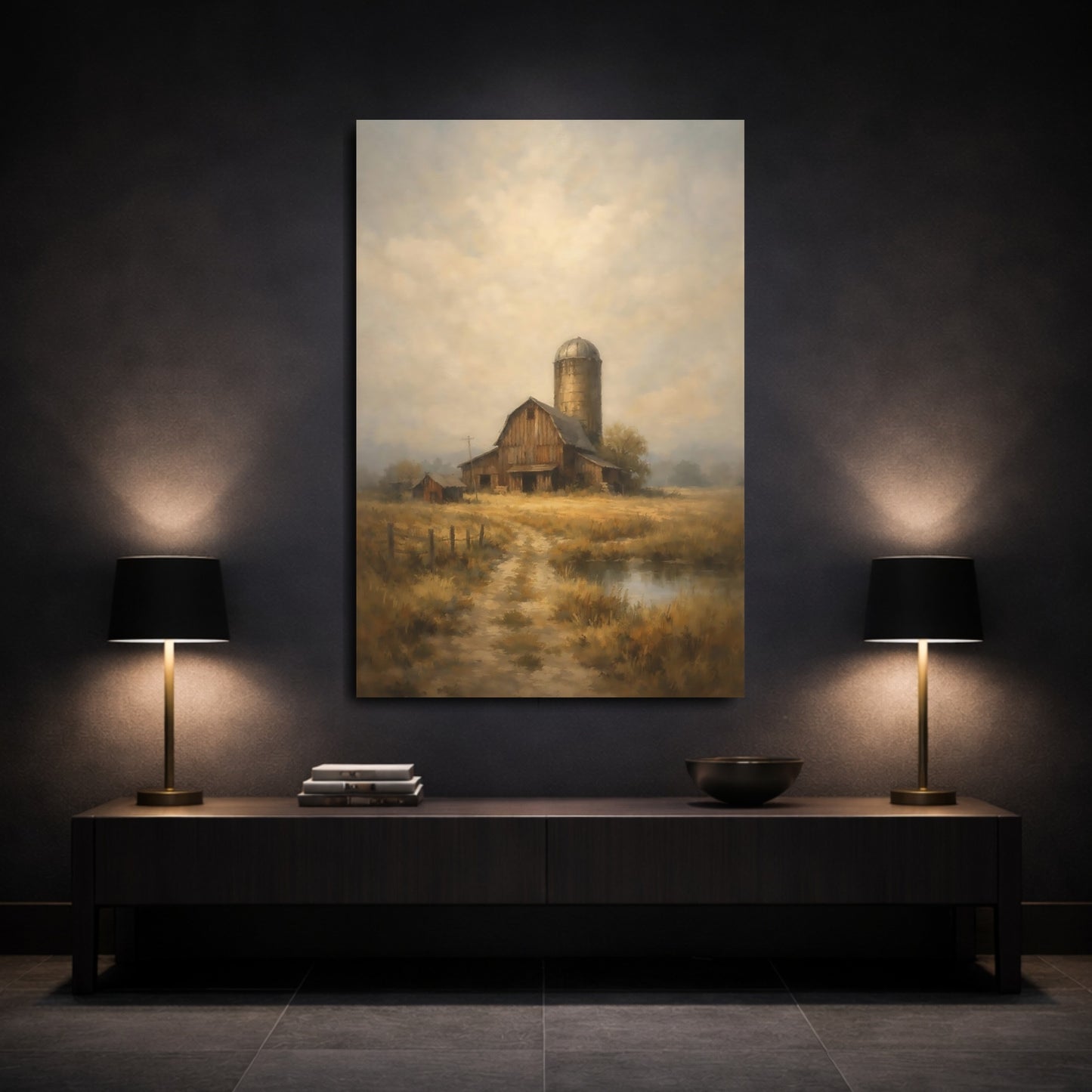 Mockup 2. Nature Barn Brown Gold Landscape shown as stretched canvas wall art