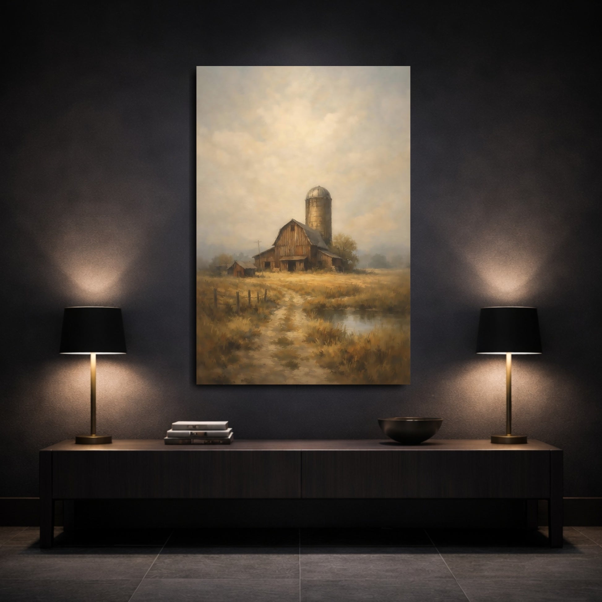 Mockup 2. Nature Barn Brown Gold Landscape shown as stretched canvas wall art