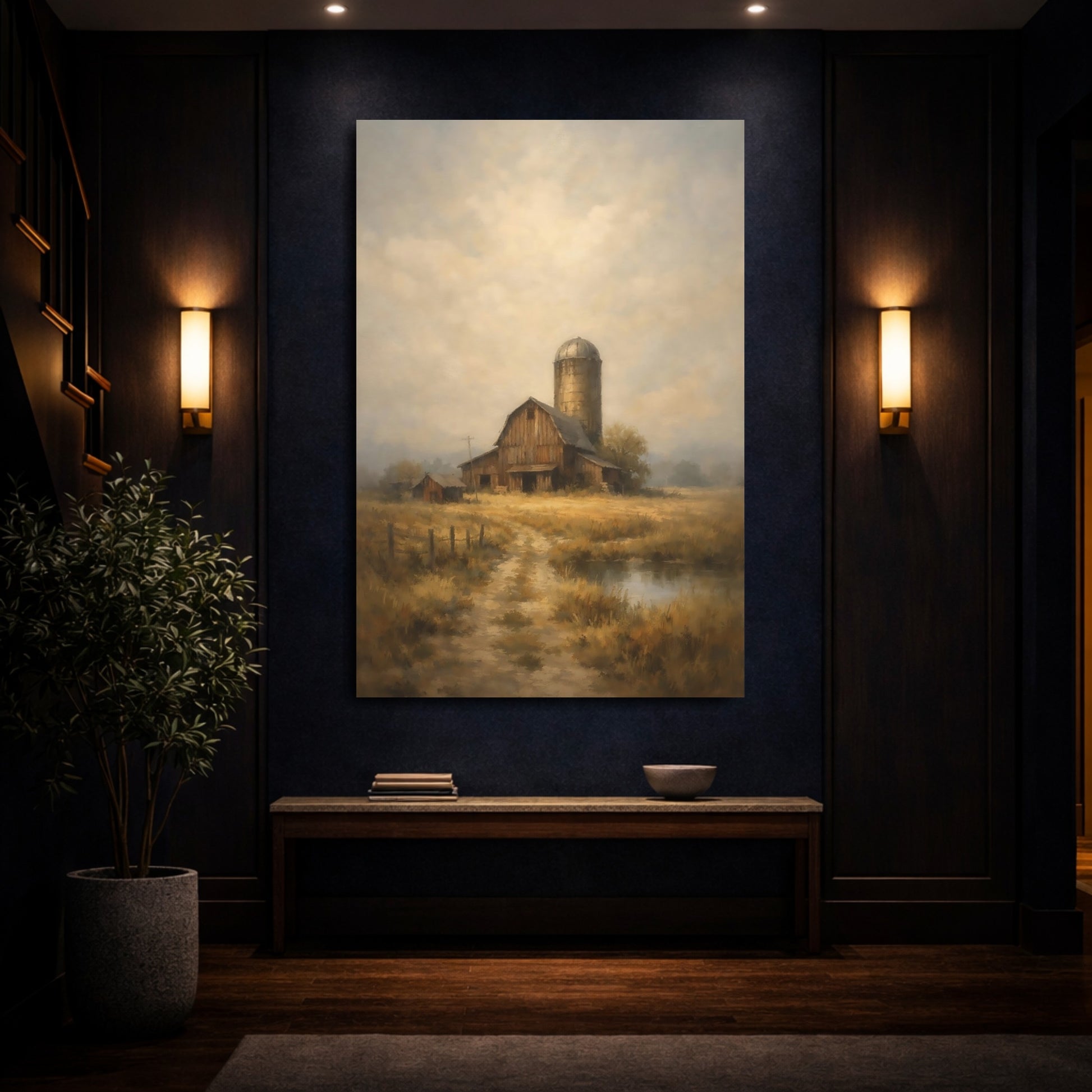 Mockup 3. Nature Barn Brown Gold Landscape shown as stretched canvas wall art