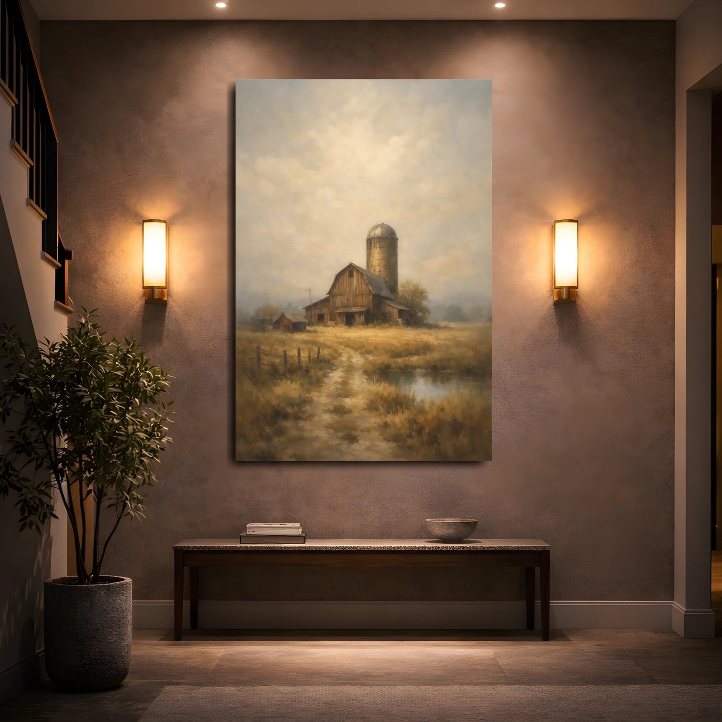 Mockup 4. Nature Barn Brown Gold Landscape shown as stretched canvas wall art