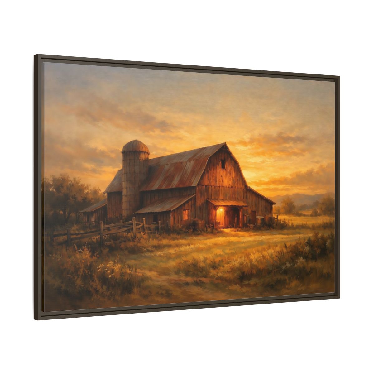 Main Mockup. Nature Barn Golden Barn Sunset shown as stretched canvas wall art