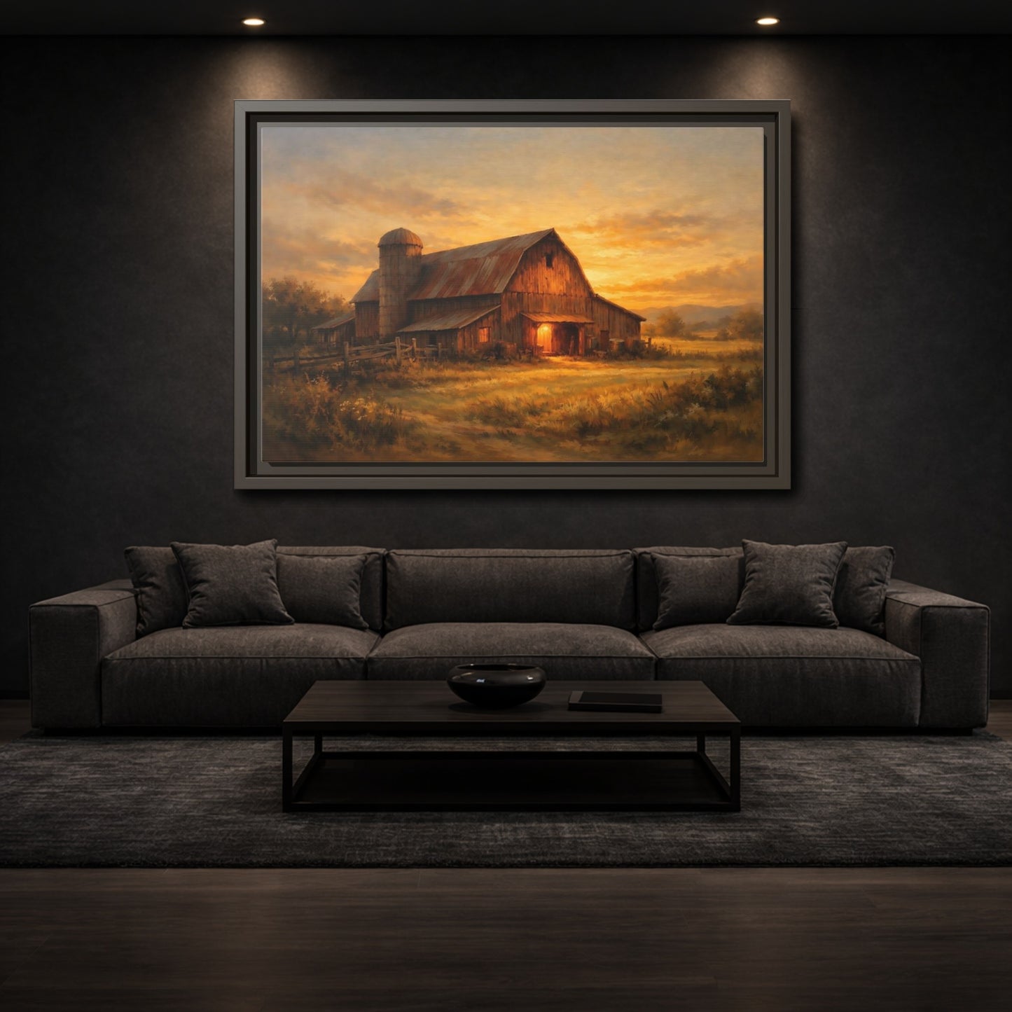 Mockup 2. Nature Barn Golden Barn Sunset shown as stretched canvas wall art