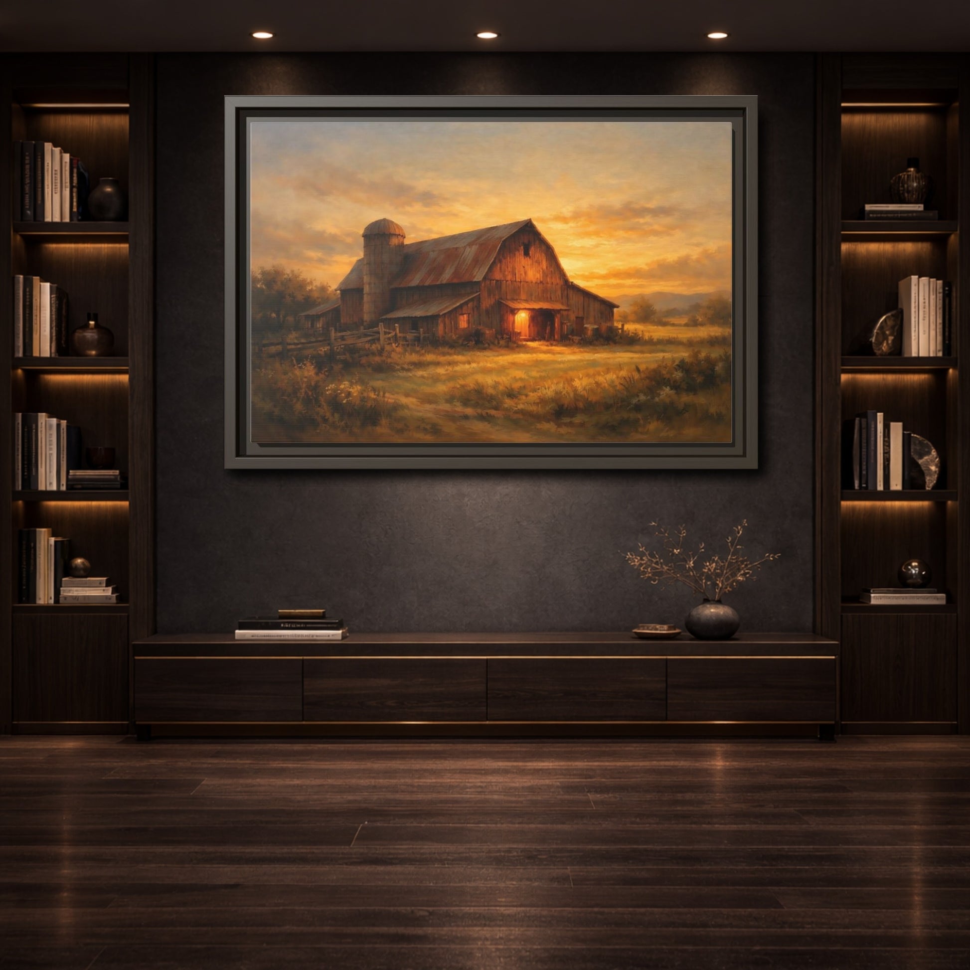 Mockup 3. Nature Barn Golden Barn Sunset shown as stretched canvas wall art