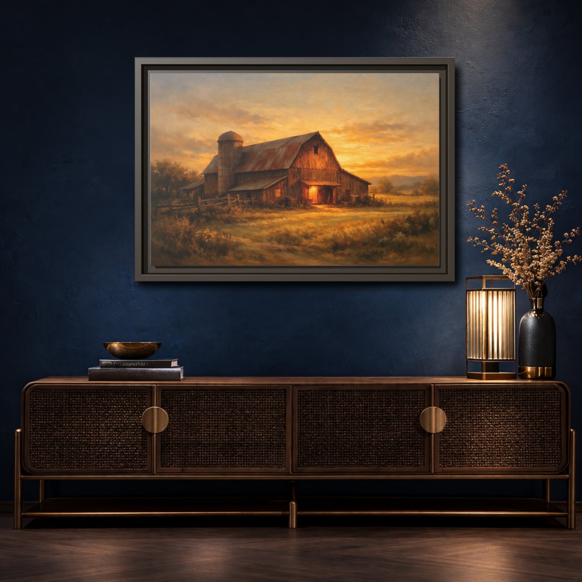 Mockup 4. Nature Barn Golden Barn Sunset shown as stretched canvas wall art