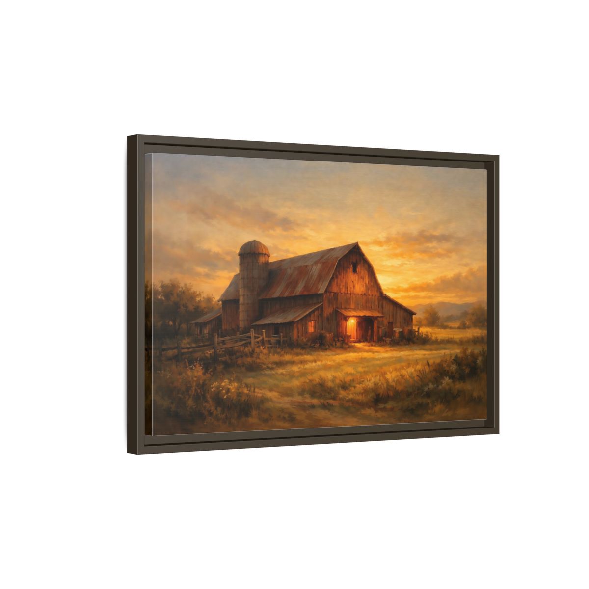 Side Mockup 2. Nature Barn Golden Barn Sunset shown as stretched canvas wall art