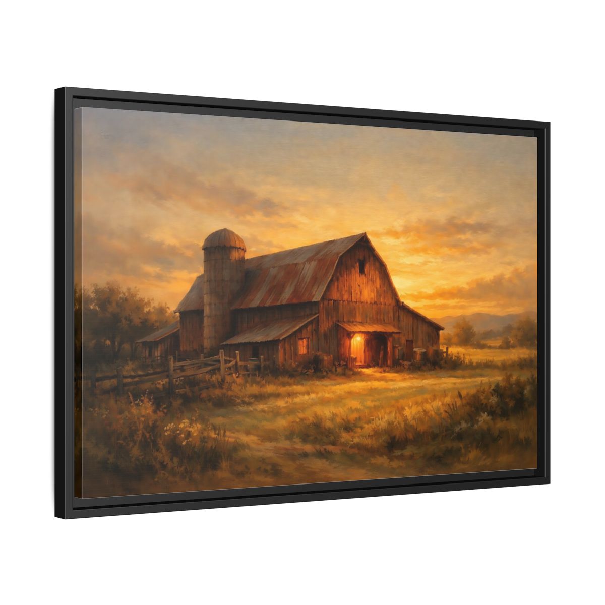Side Mockup 14. Nature Barn Golden Barn Sunset shown as stretched canvas wall art