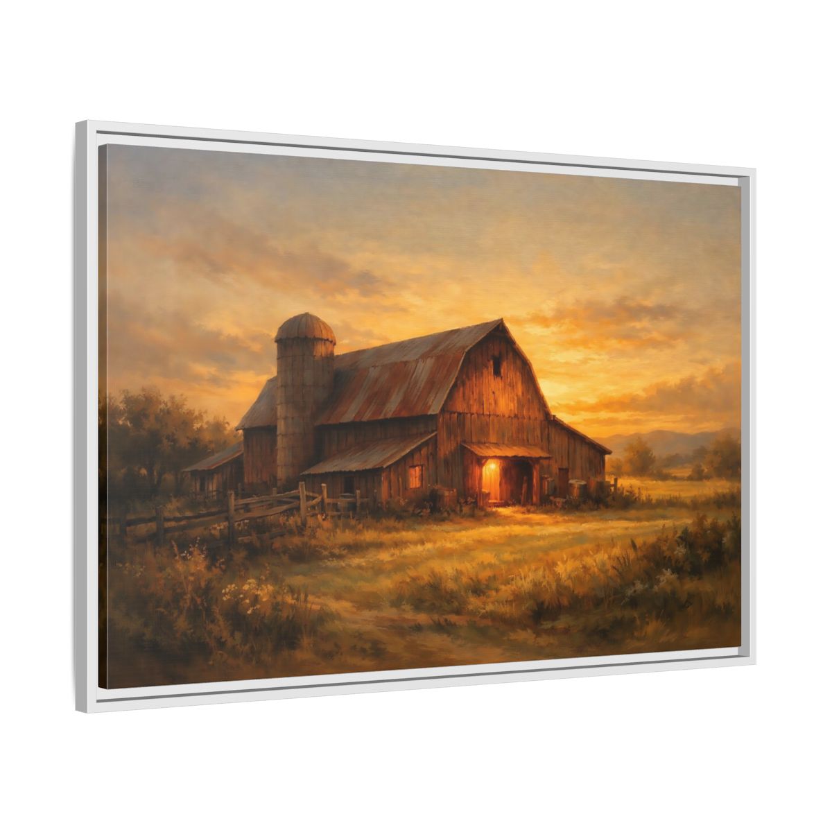 Side Mockup 8. Nature Barn Golden Barn Sunset shown as stretched canvas wall art