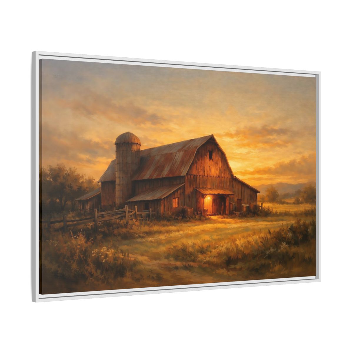 Side Mockup 7. Nature Barn Golden Barn Sunset shown as stretched canvas wall art