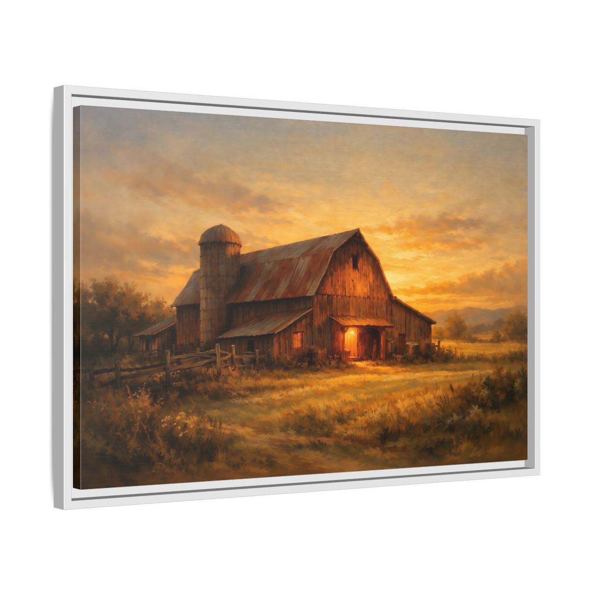 Side Mockup 10. Nature Barn Golden Barn Sunset shown as stretched canvas wall art