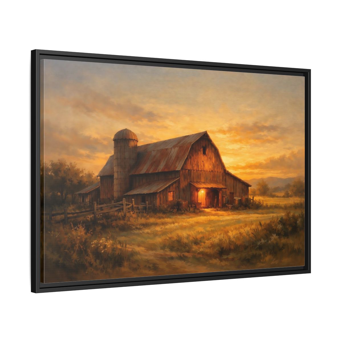 Side Mockup 13. Nature Barn Golden Barn Sunset shown as stretched canvas wall art