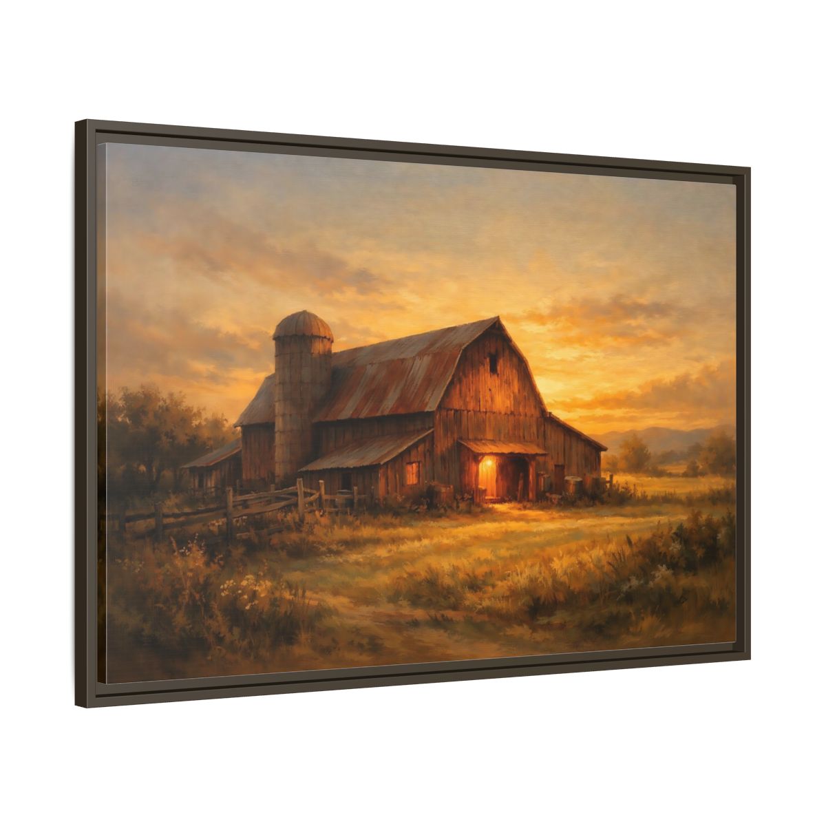 Side Mockup 9. Nature Barn Golden Barn Sunset shown as stretched canvas wall art