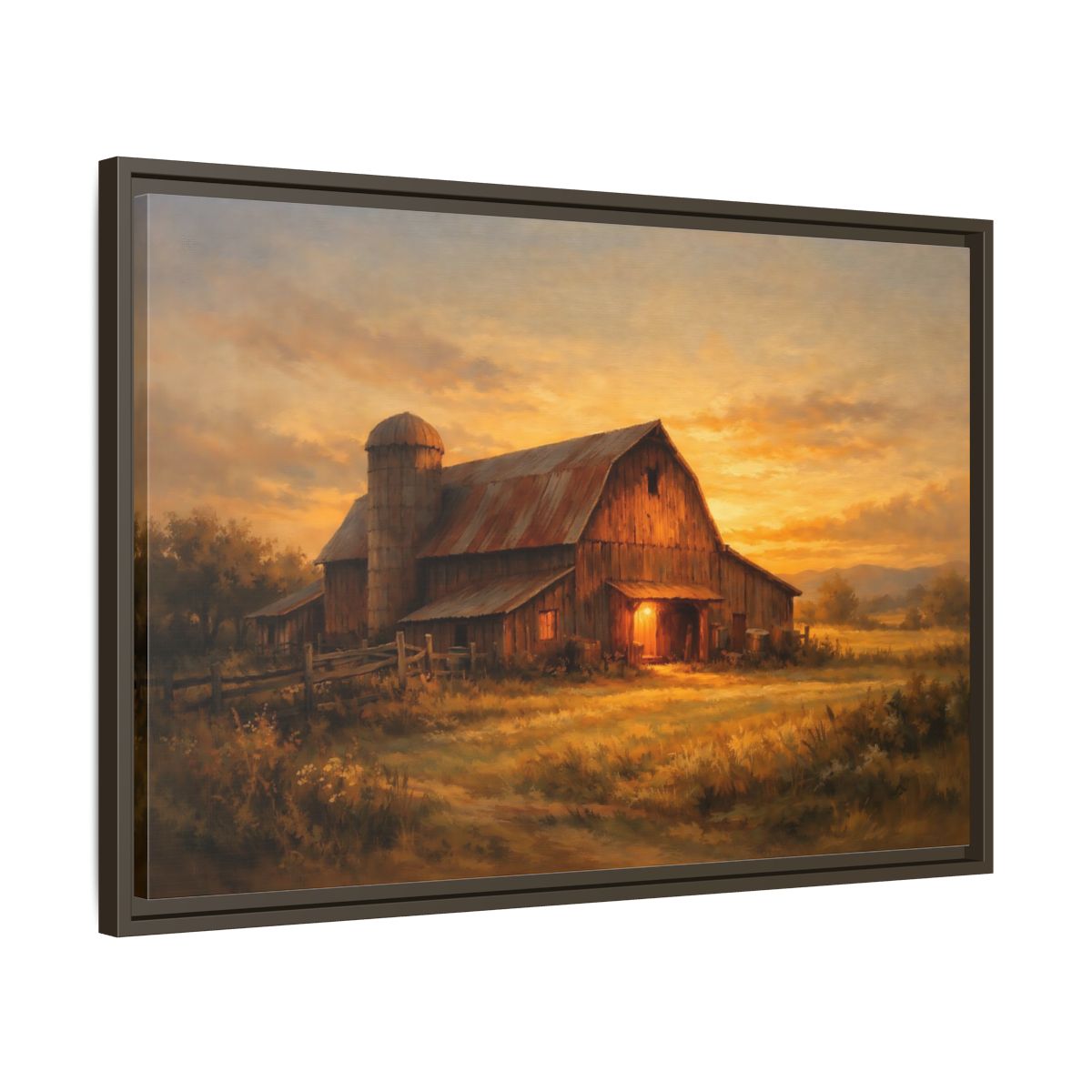 Side Mockup 11. Nature Barn Golden Barn Sunset shown as stretched canvas wall art
