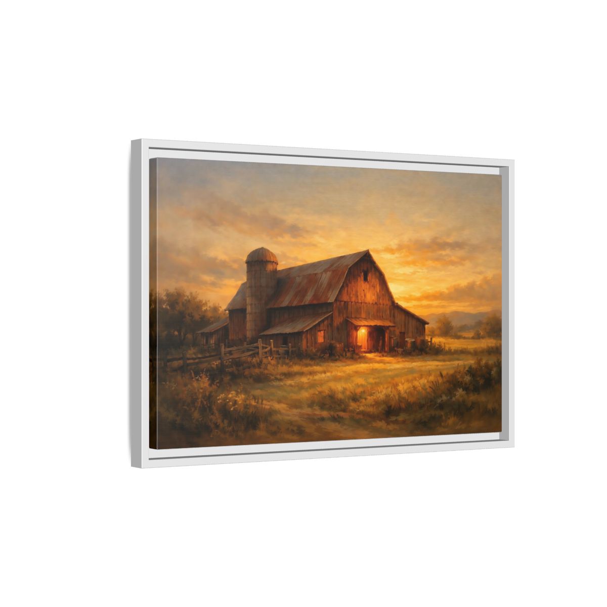 Side Mockup 1. Nature Barn Golden Barn Sunset shown as stretched canvas wall art