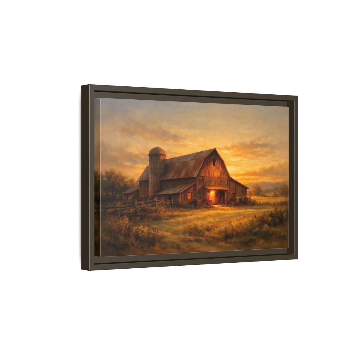 Side Mockup 5. Nature Barn Golden Barn Sunset shown as stretched canvas wall art