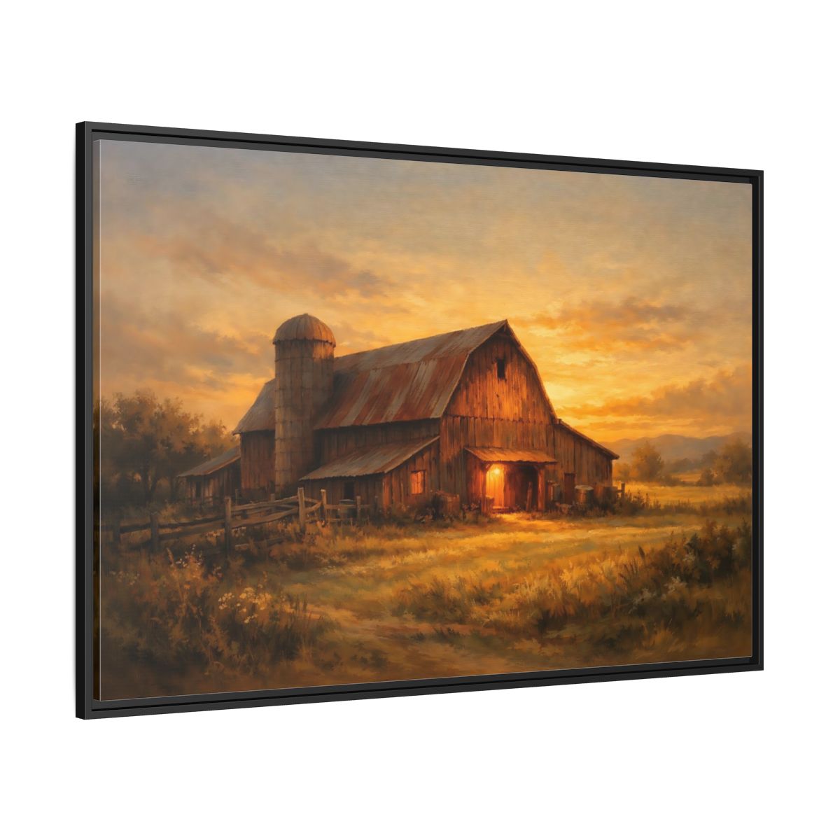 Side Mockup 12. Nature Barn Golden Barn Sunset shown as stretched canvas wall art