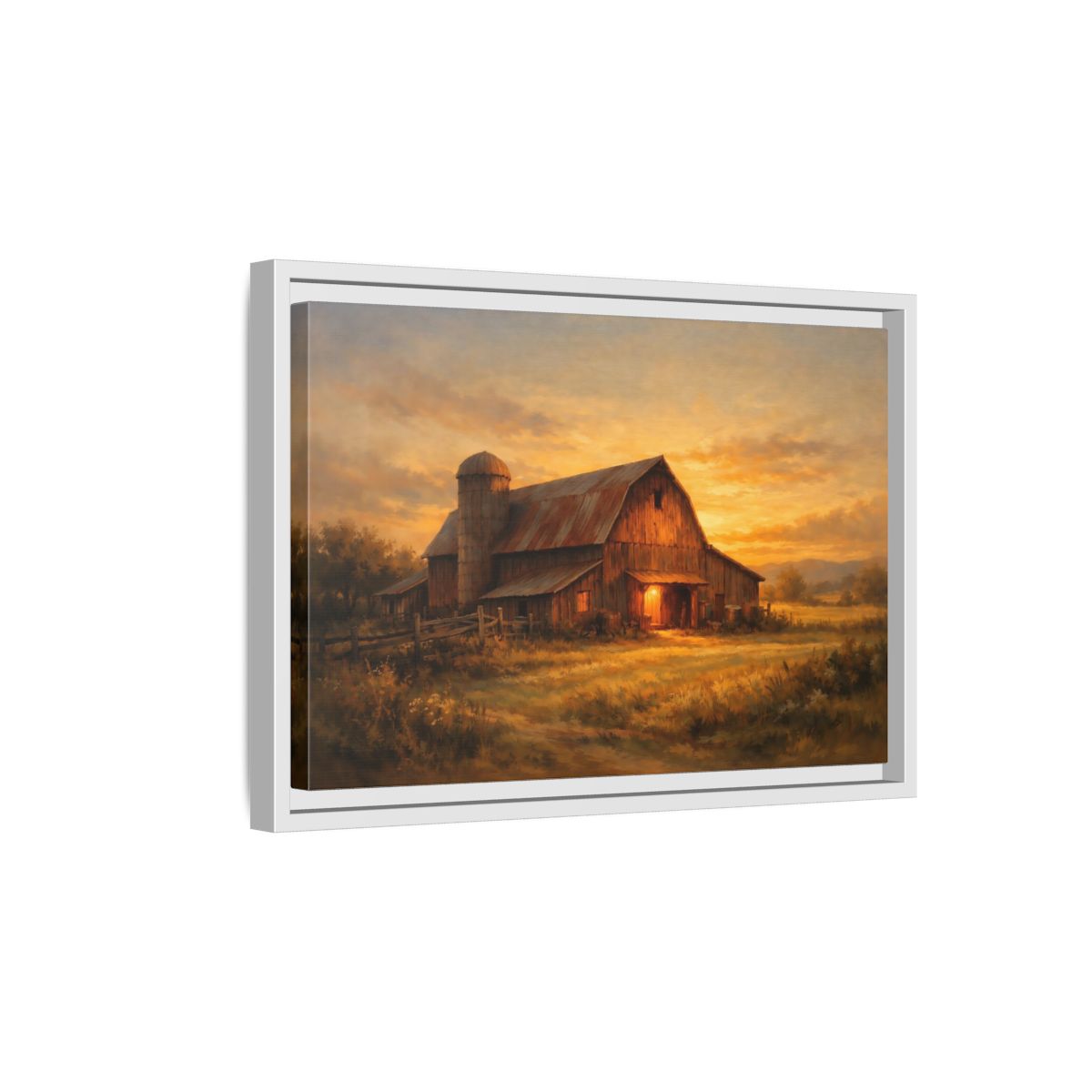 Side Mockup 4. Nature Barn Golden Barn Sunset shown as stretched canvas wall art