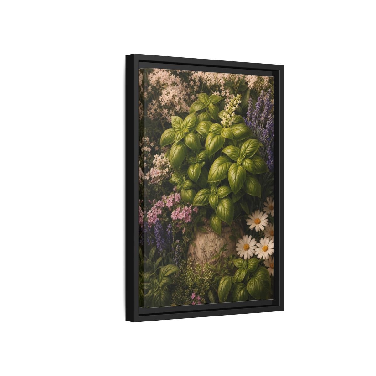 Nature Basil Green Botanical Framed Canvas Print Wall Art – realistic Kitchen, Breakfast Nook - YesArtYes