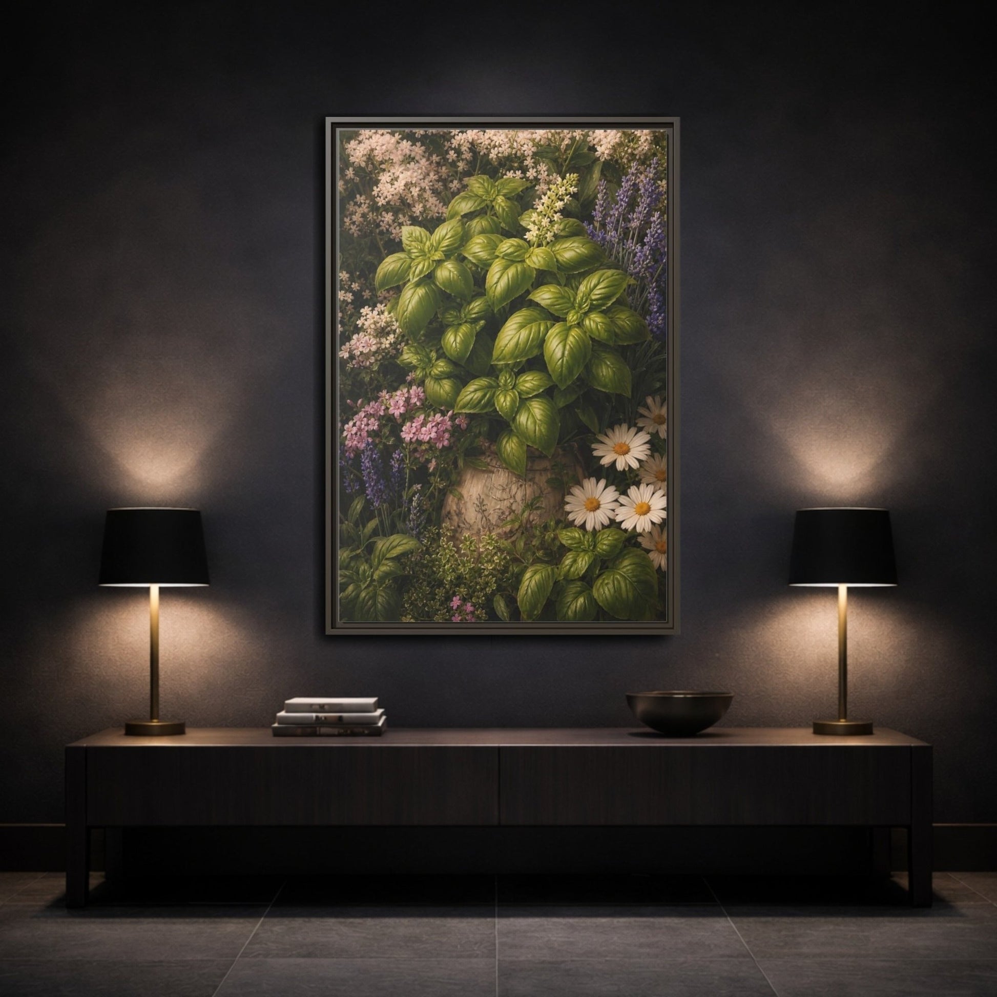 Nature Basil Green Botanical Framed Canvas Print Wall Art – realistic Kitchen, Breakfast Nook - YesArtYes