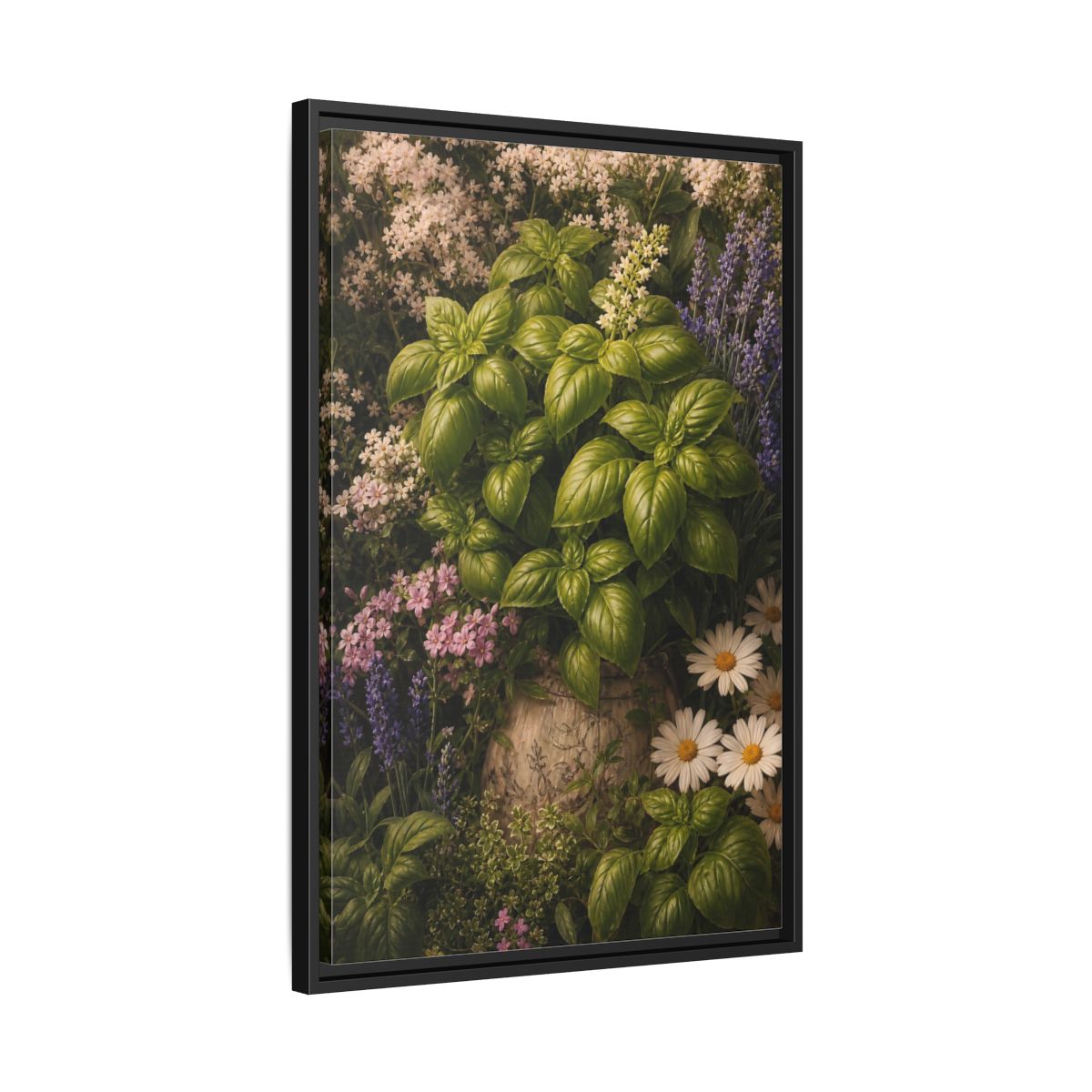 Side Mockup 14. Nature Basil Green Botanical shown as framed canvas print