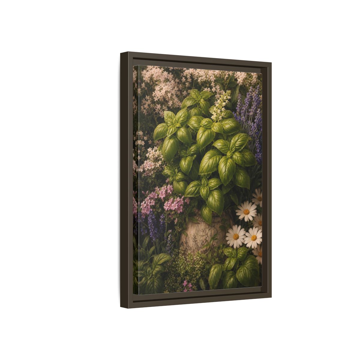 Side Mockup 5. Nature Basil Green Botanical shown as framed canvas print