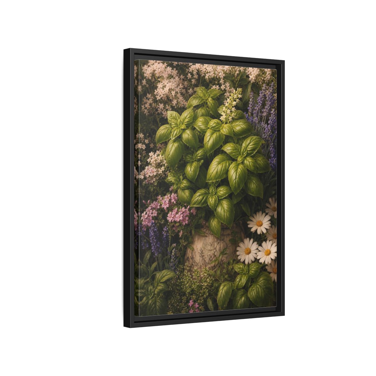 Side Mockup 3. Nature Basil Green Botanical shown as framed canvas print