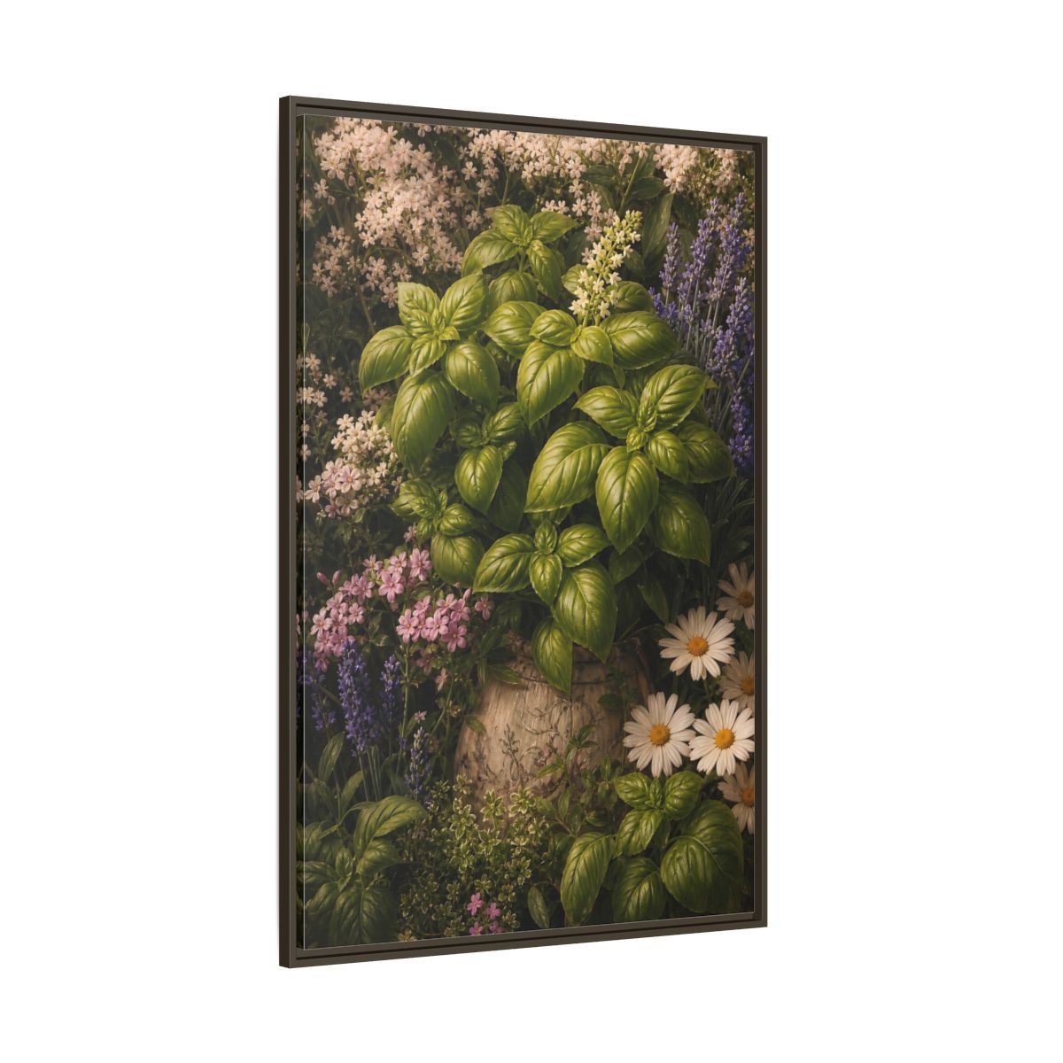 Side Mockup 8. Nature Basil Green Botanical shown as framed canvas print