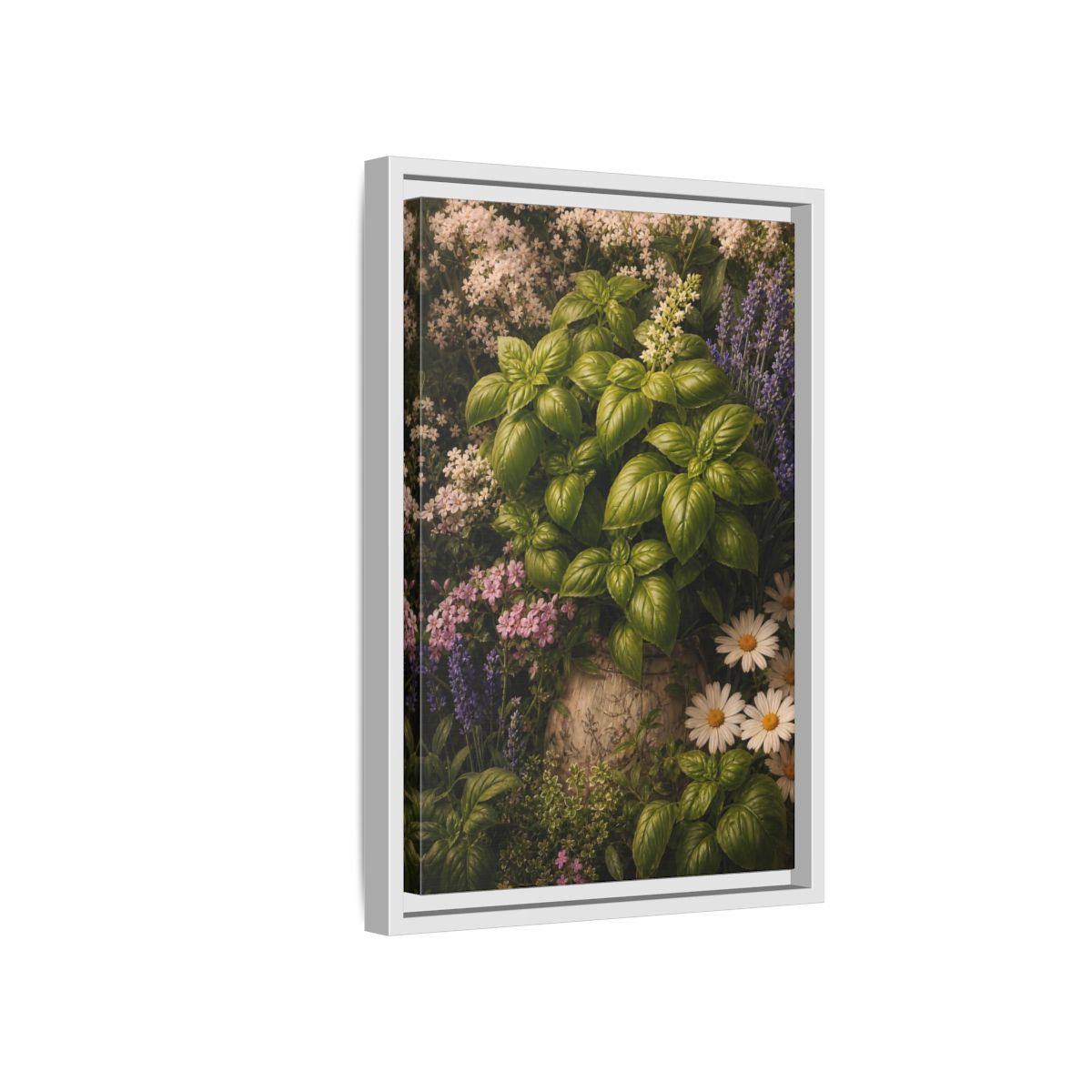 Side Mockup 4. Nature Basil Green Botanical shown as framed canvas print