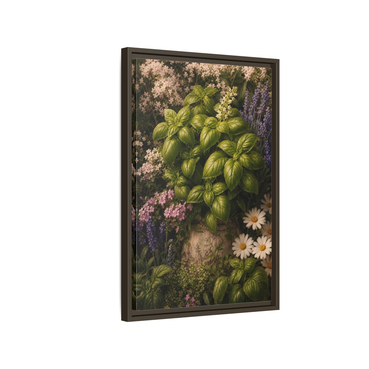Side Mockup 2. Nature Basil Green Botanical shown as framed canvas print