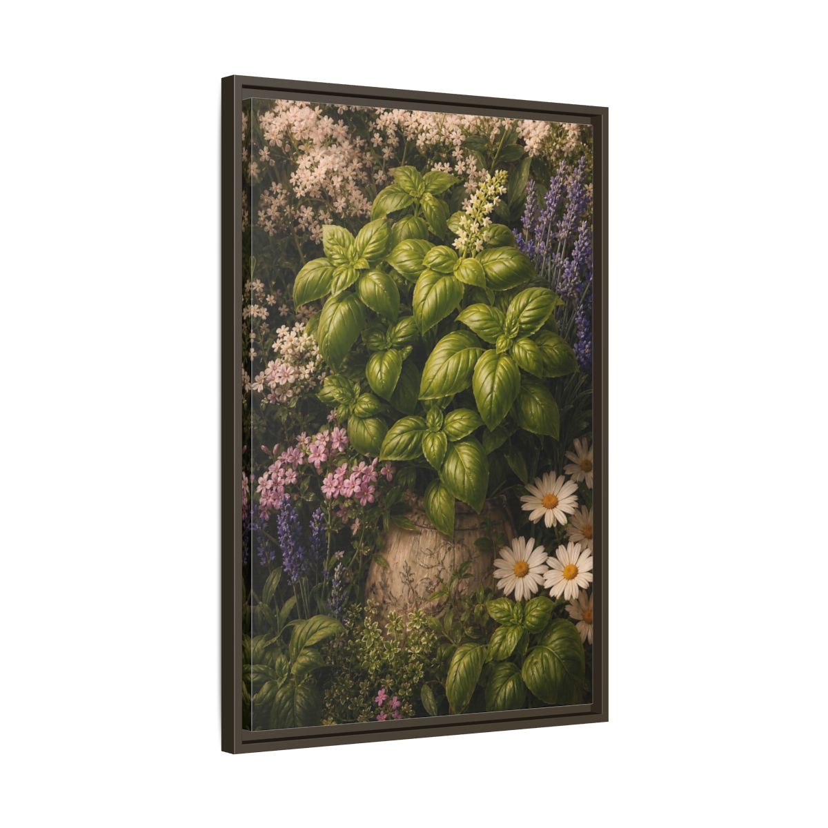 Side Mockup 11. Nature Basil Green Botanical shown as framed canvas print