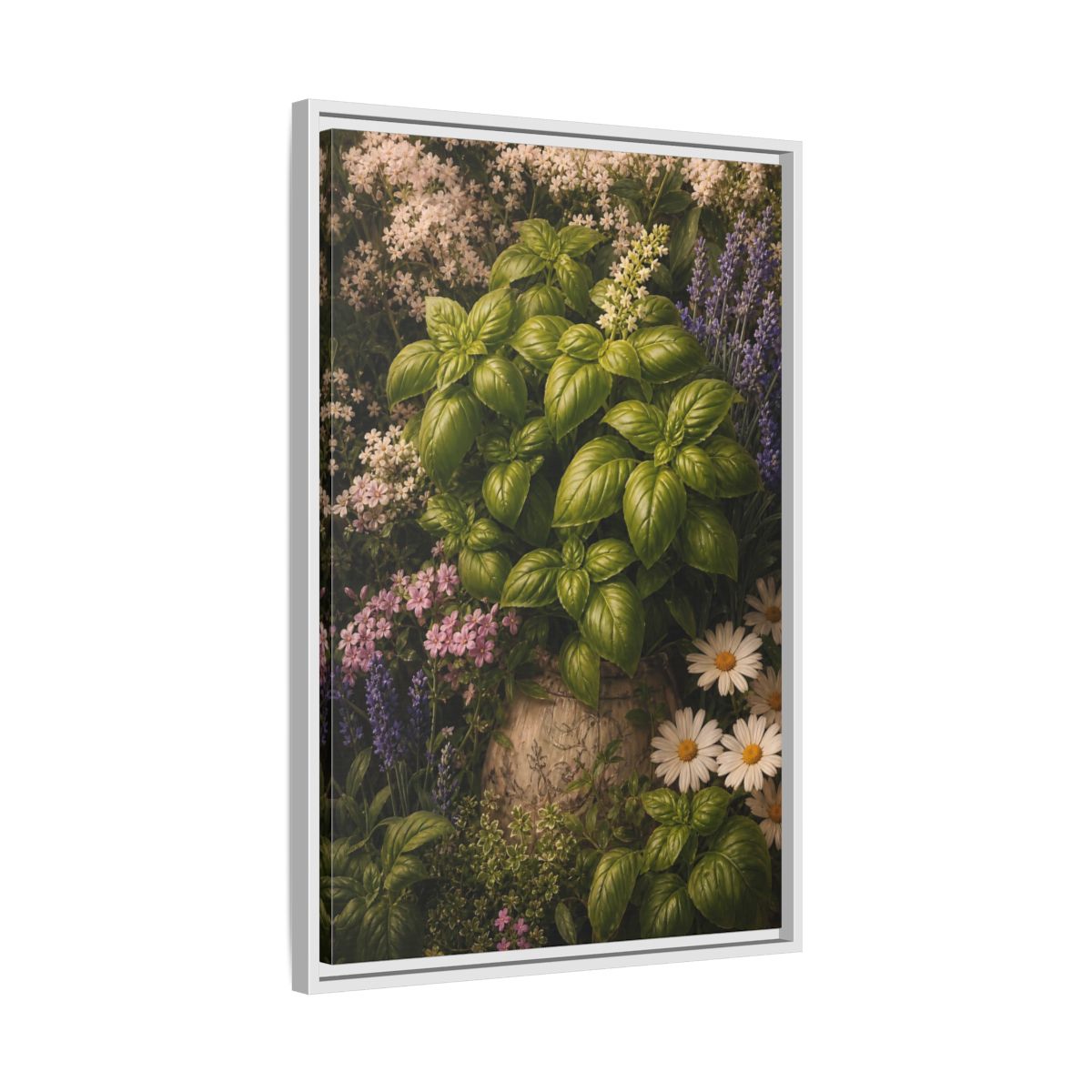 Side Mockup 10. Nature Basil Green Botanical shown as framed canvas print