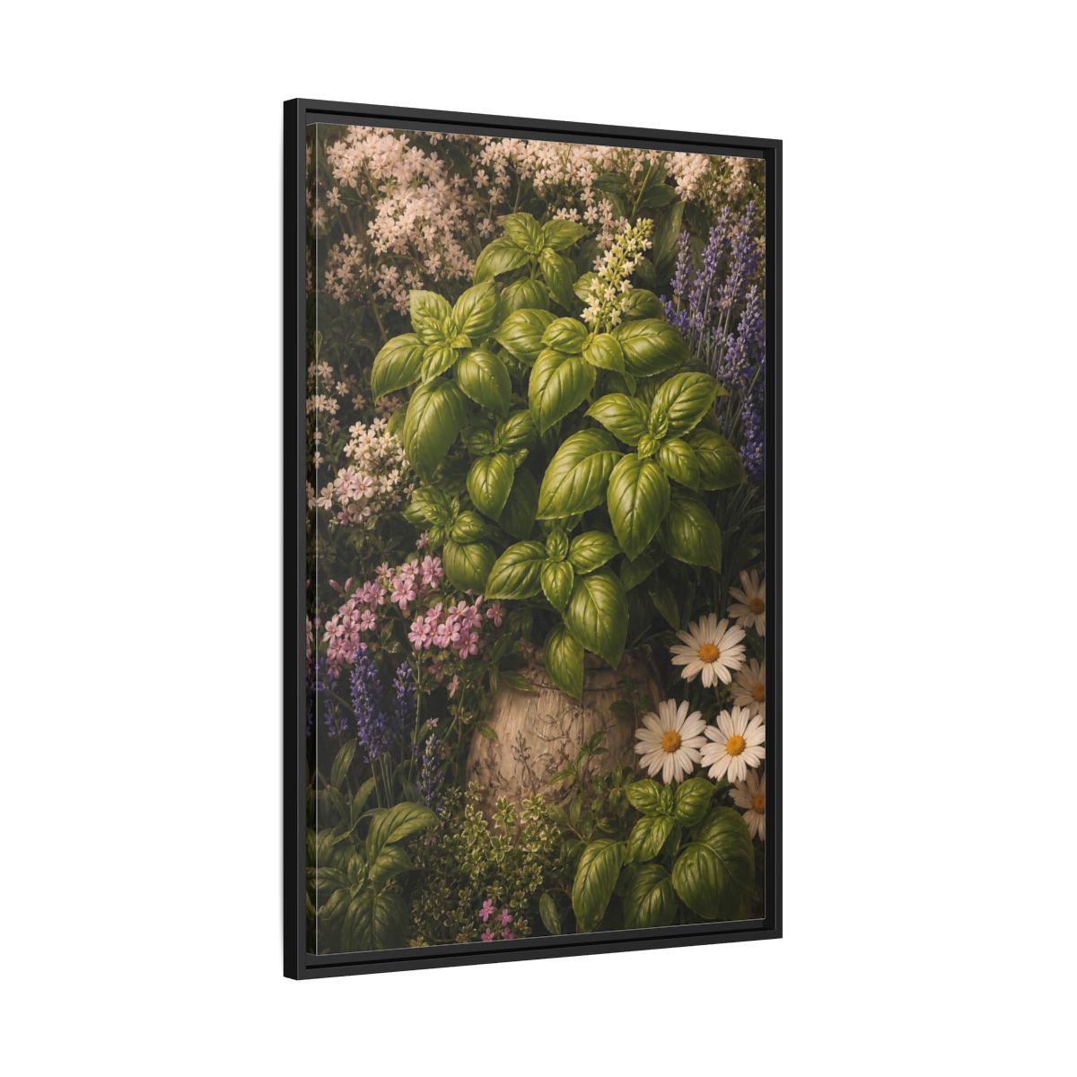 Side Mockup 13. Nature Basil Green Botanical shown as framed canvas print